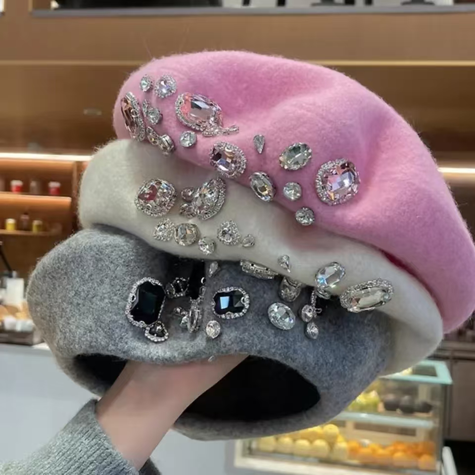 French Beret Thick Rhinestone  - Beret French Wool review and price