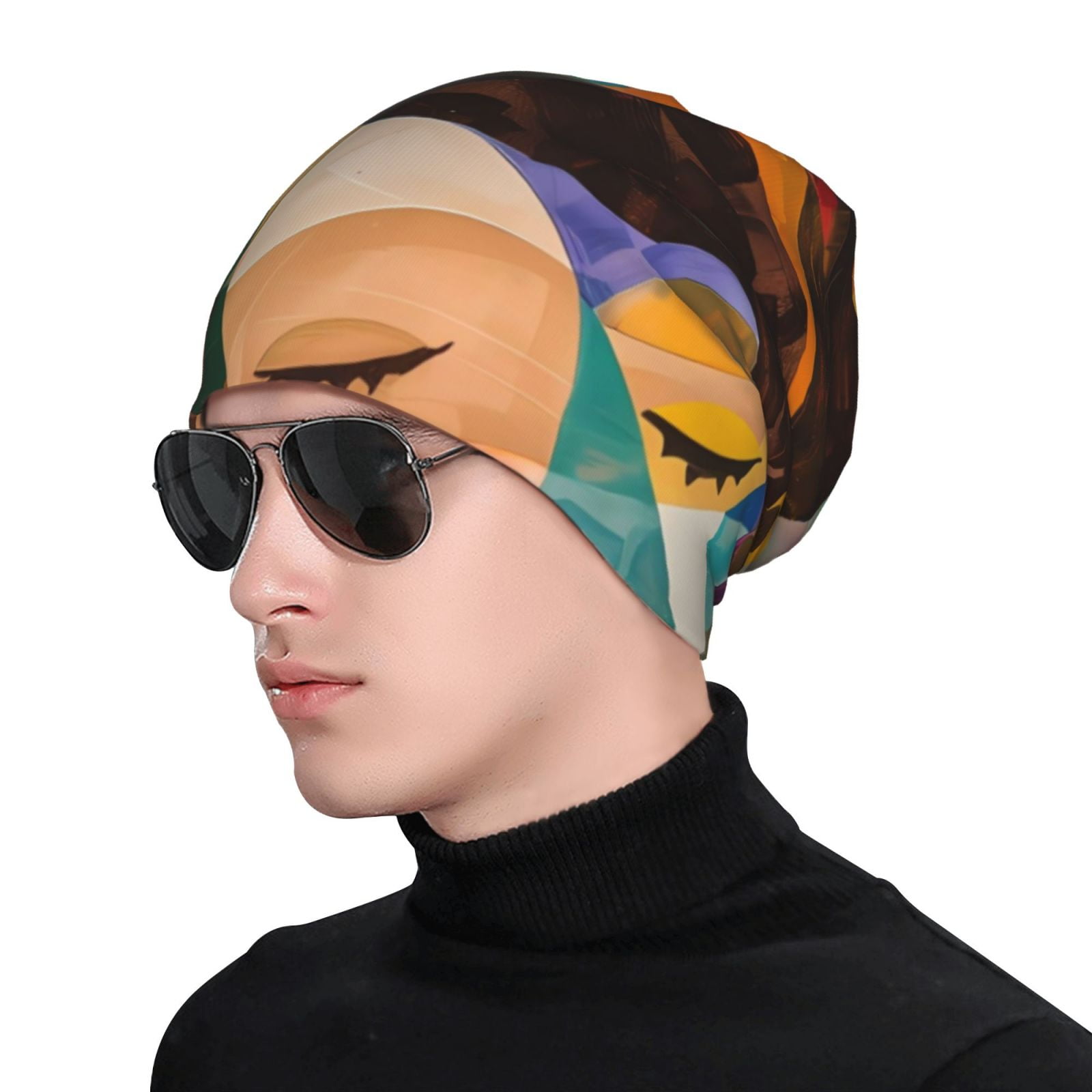 Abstract Musical Faces Printed - Beanie Cuffed Knit review and price