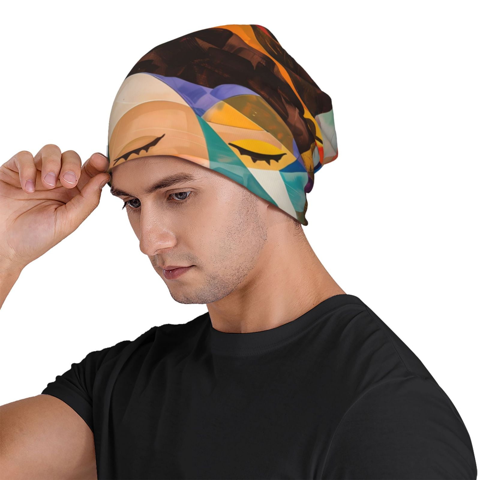 Abstract Musical Faces Printed - Beanie Cuffed Knit review and price